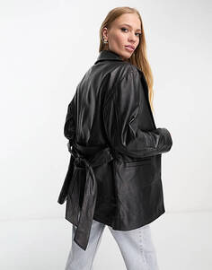 Черная куртка для мам премиум-класса из натуральной кожи с поясом ASOS DESIGN