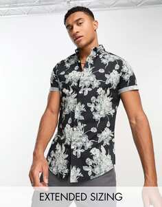 Узкая рубашка стрейч черно-серого цвета с цветочным принтом ASOS DESIGN