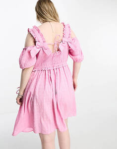 Розовое фактурное мини-платье с бантом Neon Rose Plus