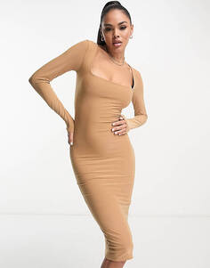 Светло-коричневое облегающее платье миди с квадратным вырезом Fashionkilla