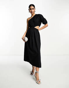 Черное свободное платье миди с асимметричным вырезом Pretty Lavish