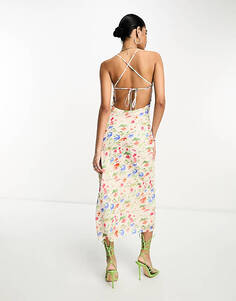Платье миди с завязками и завязками Pretty Lavish с изящным цветочным принтом цвета слоновой кости