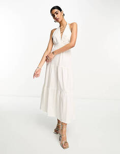 Белое льняное платье миди с воротником-хомутом Pretty Lavish