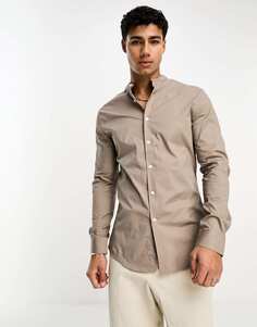 Серо-коричневая рубашка скинни с дедуповым воротником ASOS DESIGN