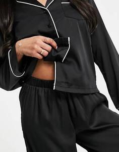 Черная атласная пижама из рубашки и брюк с длинными рукавами ASOS DESIGN Petite