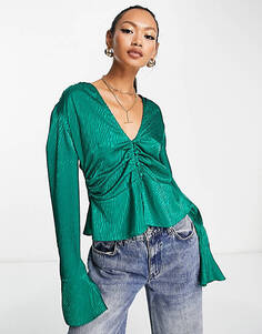 Зеленая жаккардовая блузка-футболка со сборками на талии и завязкой на шее ASOS DESIGN