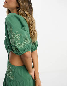 Зеленое платье-макси с вышивкой ASOS DESIGN