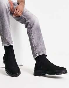 Черные массивные ботинки челси из искусственной замши New Look