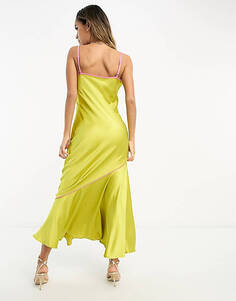 Желто-зеленое асимметричное платье-комбинация из контрастного атласа Never Fully Dressed