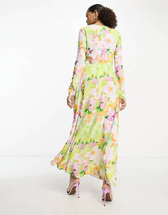 Атласное платье макси с воротником-хомутом и рюшами яркого цветочного цвета ASOS DESIGN