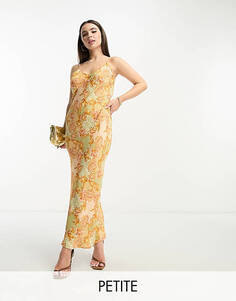 Атласное платье макси с роскошным золотистым цветочным принтом Never Fully Dressed Petite