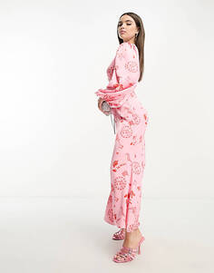 Розовое платье макси с объемными рукавами Never Fully Dressed Petite с принтом la mer