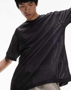 Черная объемная футболка из искусственной кожи в сетку Topman