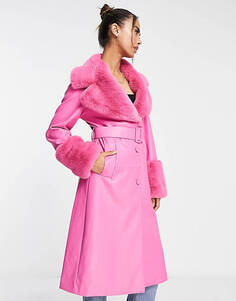 Розовое пальто из искусственного меха с поясом Forever New