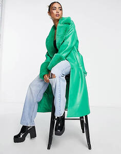 Ярко-зеленое пальто с поясом из искусственного меха Forever New