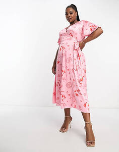 Розовое платье миди с запахом и завязками Never Fully Dressed Plus с принтом la mer