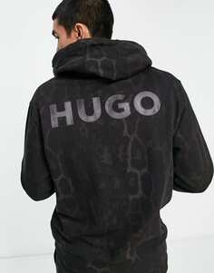 Черная толстовка свободного кроя HUGO Daglion с животным принтом и логотипом на спине