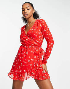 Красное сетчатое платье мини с запахом и рукавами Wednesday&apos;s Girl
