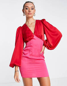 Красное и розовое мини-платье в стиле колор-блок Never Fully Dressed