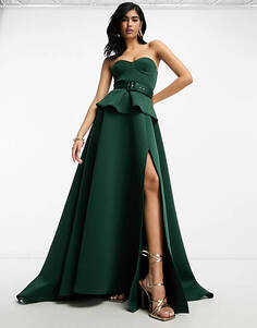 Темно-зеленое платье макси премиум-класса с баской и поясом и разрезом на бедрах ASOS DESIGN