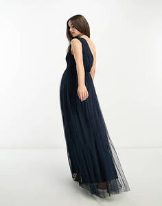 Темно-синее платье макси на одно плечо из тюля Anaya Petite Bridesmaid