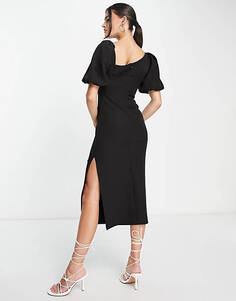 Черное платье миди с пышными рукавами и асимметричным вырезом ASOS DESIGN
