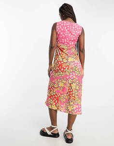 Разноцветное платье миди с глубоким v-образным вырезом и цветочным принтом Wednesday&apos;s Girl