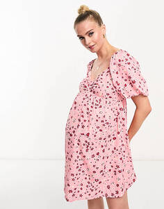 Розовое мини-платье с пышными рукавами и цветочным принтом Wednesday&apos;s Girl Maternity