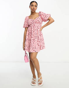 Розовое платье мини с пышными рукавами и цветочным принтом Wednesday&apos;s Girl