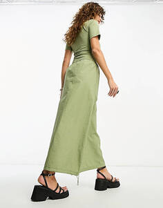 Платье-футболка миди с круглым вырезом и юбкой-карго цвета шалфея ASOS DESIGN 2 в 1