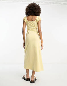 Лимонное платье миди со сборками и завязками ASOS DESIGN