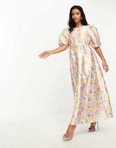 Платье миди из блестящего жаккарда для выпускного Vila Petite с пастельным цветочным принтом