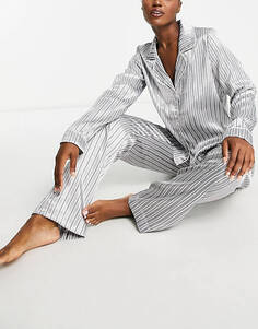 Серый атласный пижамный комплект из рубашки и брюк в тонкую полоску Vero Moda