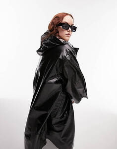 Черное виниловое пальто с капюшоном и покрытием Topshop Curve