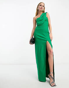 Зеленое платье макси на одно плечо со складками Vesper