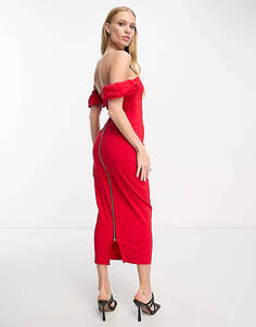 Красное платье макси с оборками и рукавами Vesper
