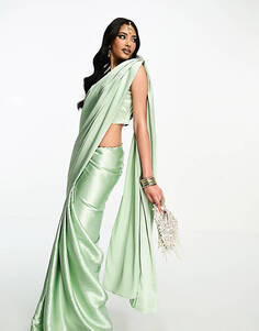 Сари для подружки невесты Kanya London шалфейного зеленого цвета