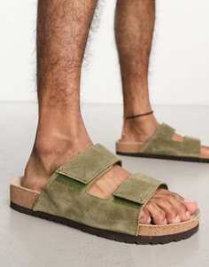 Замшевые сандалии цвета хаки с двумя ремешками Selected Homme