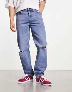 Синие джинсы прямого кроя с рваными коленями New Look в стиле 90-х