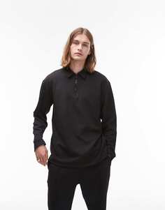 Черная футболка-поло с молнией вафельного цвета Topman