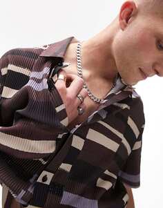 Коричневая рубашка-поло с объемным плиссированным принтом и пуговицами Topman