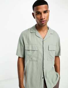 Зеленая льняная рубашка с короткими рукавами и воротником-стойкой Abercrombie &amp; Fitch