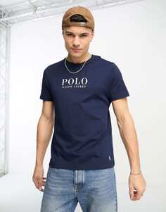 Темно-синяя футболка для отдыха Polo Ralph Lauren с текстовым логотипом на груди