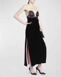 Бархатное платье с кристально-кружевным бюстье и разрезами на хомуте Giorgio Armani