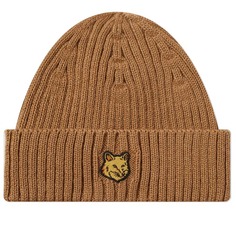 Шапка Maison Kitsune Fox Head Patch Ribbed, светло-коричневый