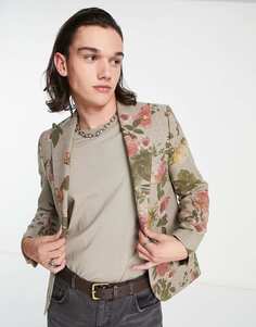 Бежевый шерстяной пиджак Twisted Tailor Sember с цветочным принтом