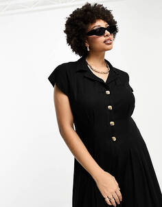 Черное льняное платье-рубашка миди с защипами и защипами ASOS DESIGN Curve