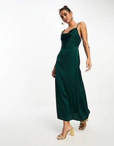 Темно-зеленое атласное платье макси с воротником-хомутом Vila Bridesmaid