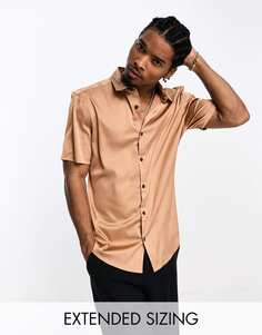 Атласная рубашка скинни с закатанными рукавами бронзового цвета ASOS DESIGN