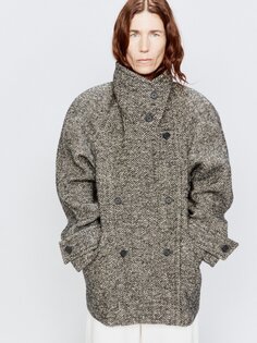 Короткое пальто-одеяло с воротником-воронкой и узором «елочка» Raey, серый